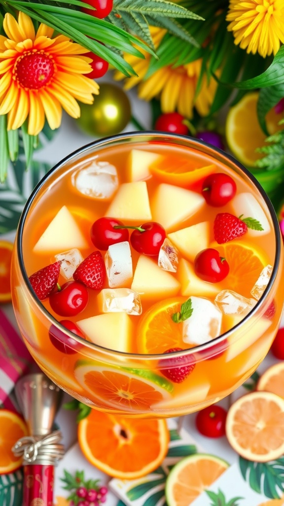 A colorful bowl of Tropical Rum Punch with fresh fruits like pineapple, strawberries, and oranges, served at a summer gathering.